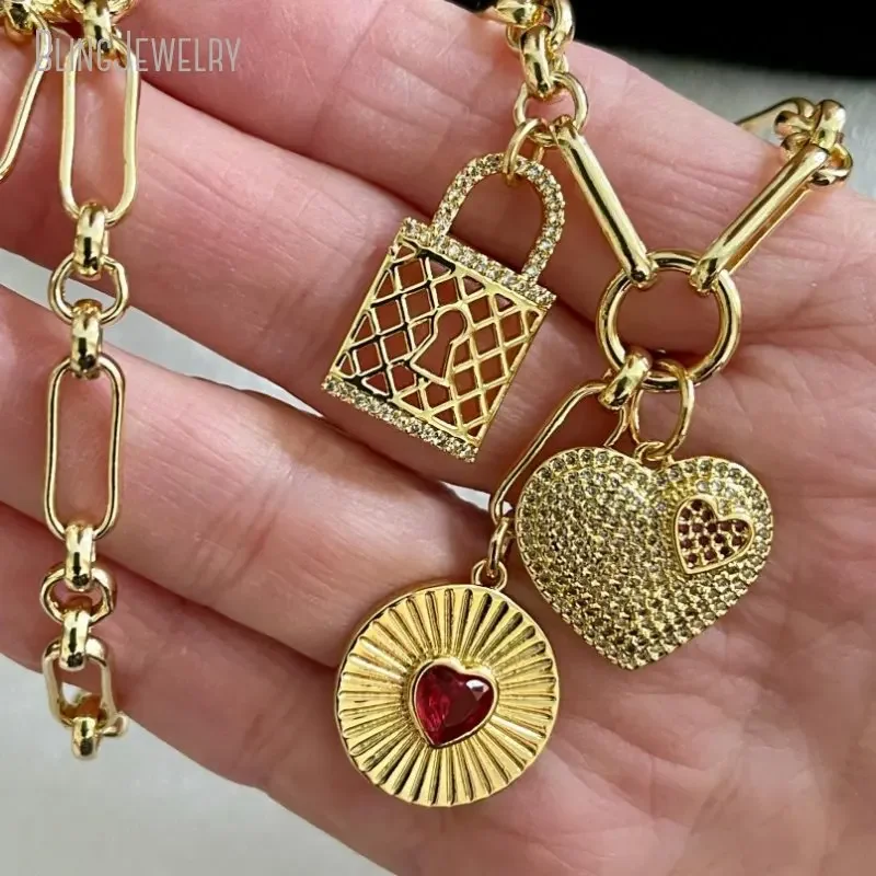 10pcs Multi Charm Necklace Specialty Chain Micro Pave Heart Ruby CZ Stone Sundial Charm Basketweave Lock Jewelry