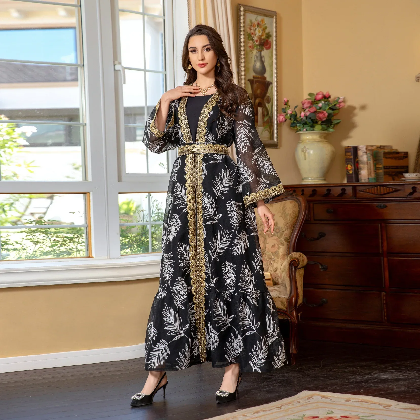 

Summer Eid Al-Adha Abayas for Women 2 Piece Set Dubai Abayas Arabia Muslim Set Embroidery Musulman Ensembles Ramadan Caftan