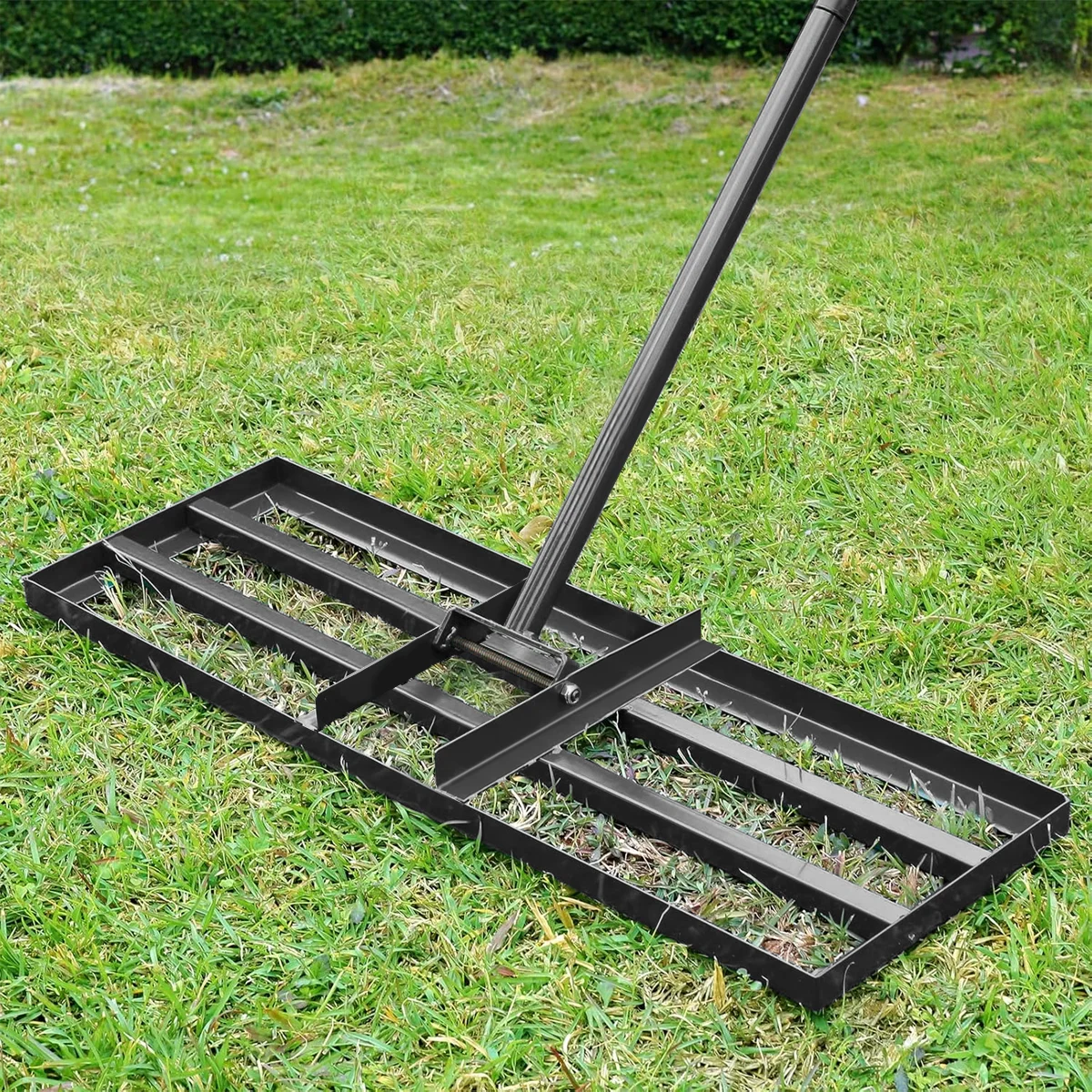 Rastrello livellatore per prato, strumento livellatore per terreno in acciaio inossidabile da 30x10 pollici con manico in acciaio regolabile da 76 pollici, rastrello paesaggistico durevole