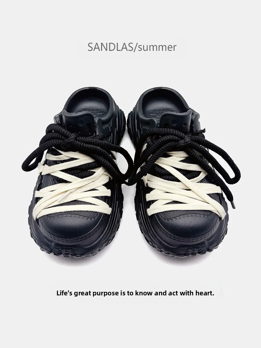 2026 New Couple Thick Bottom Heightening RO Style Small Audience Hole Hole Shoes Men's Slip-On Open-Toe Sandals Trendy