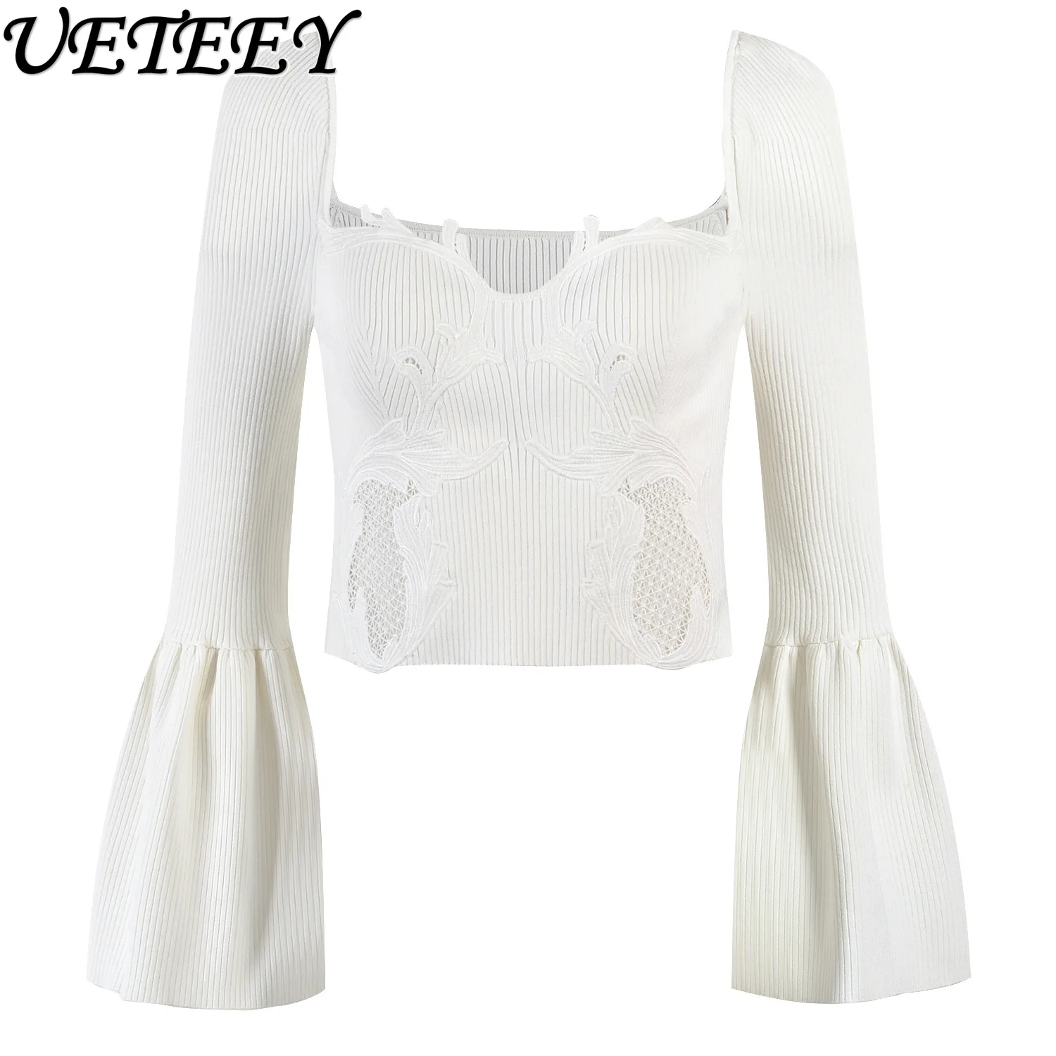 Spring Autumn New Solid Color Square Neck Flared Sleeve Lace 3D Hollow Knitted Top and Short Skirt Slimming Set for Women