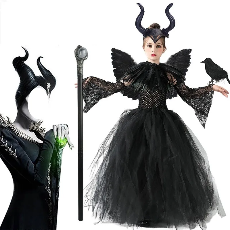 Girls Halloween Costume Maleficent Tutu Wednesday Dress For Girls Cosplay Evil Queen Black Mesh Princess Disfraz malefica niña