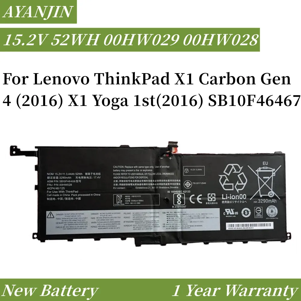 

01AV439 Laptop Battery For Lenovo ThinkPad X1 Carbon Gen 4 (2016) X1 Yoga 1st(2016) SB10F46467 00HW029 00HW028 15.2V 52WH