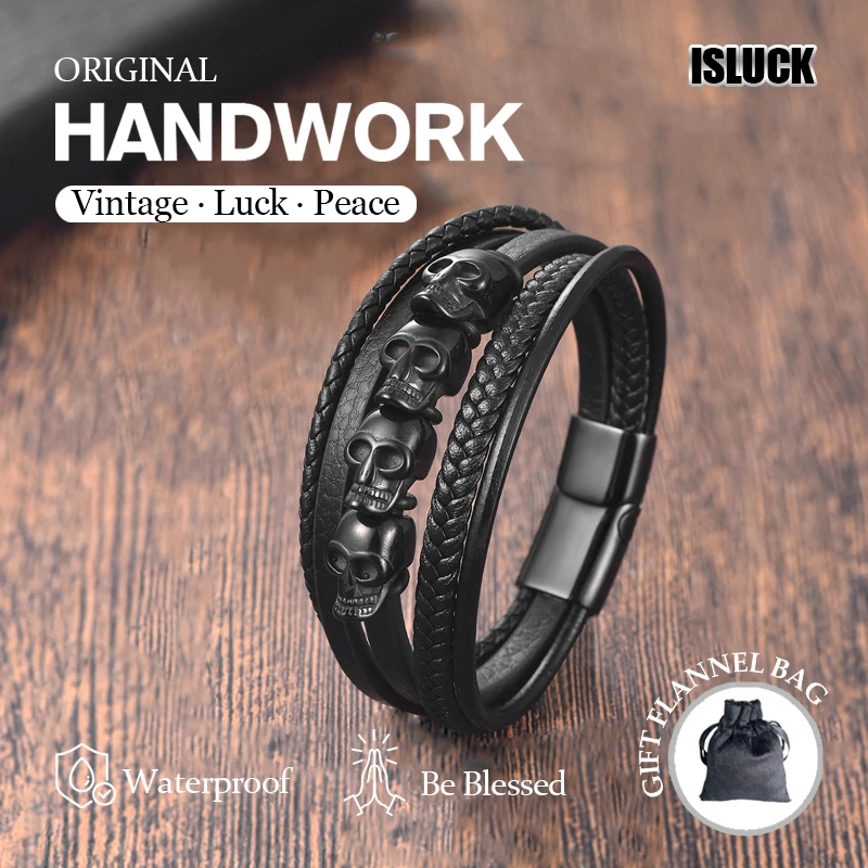 Multi-layer braided bracelet men's cowhide leather stainless steel skull bracelet men and women with hand-woven.