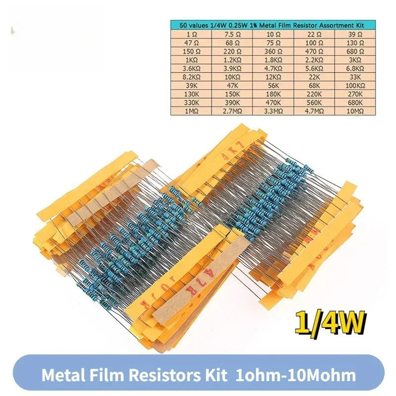 

500PCS 1% 1/4W Metal Film Resistor Assortment Kit 0.25W 1Ohm-10MOhm DIY Electronic Resistors Assorted Pack Kits