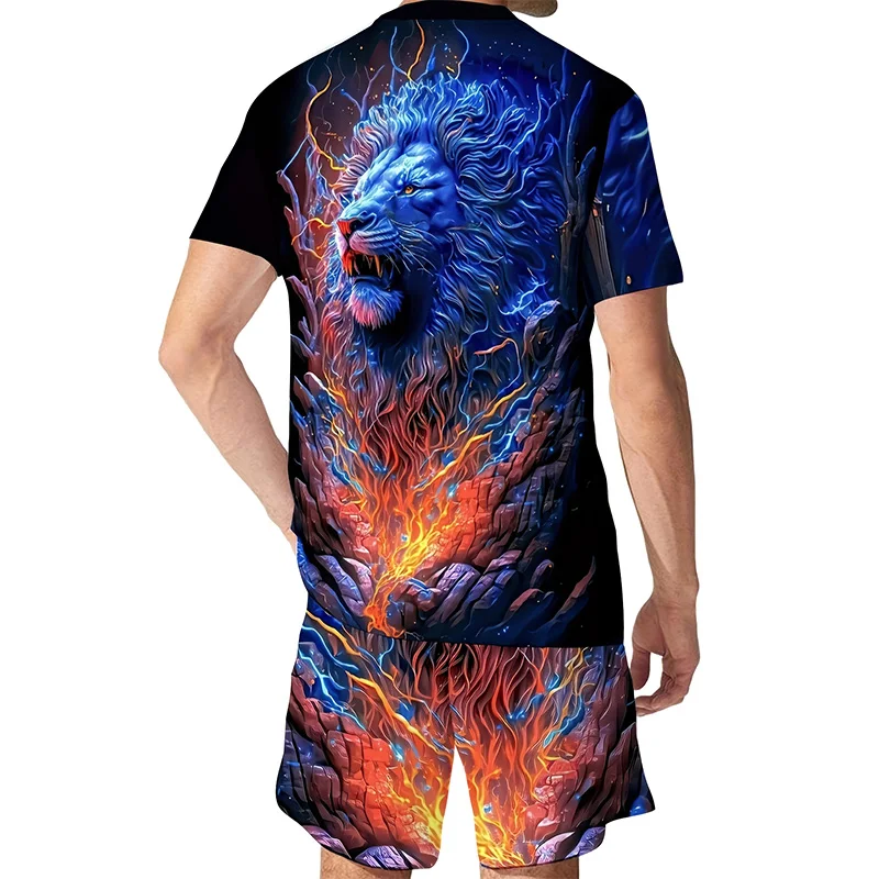 2024 Fashion New Street Retro Men's Suit Oversized Men's Loose Top Summer Casual Breathable Refreshing Suit Printed 3D Lion