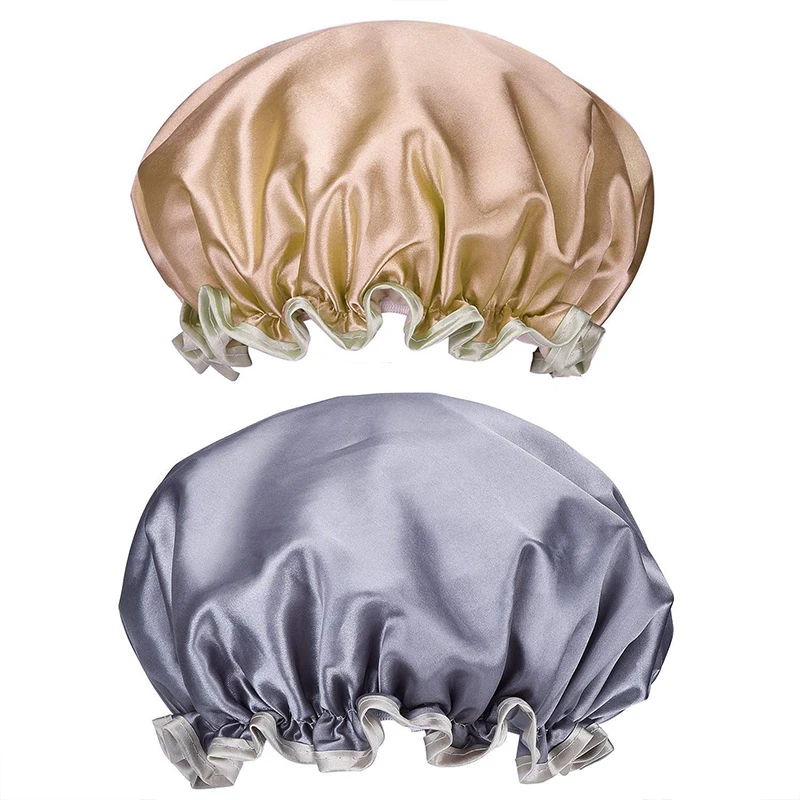 Shower Cap Women Reusable Bath Cap Double Layer Water Resistant Shower Hat Waterproof Elastic Caps For Ladies Spa Salon