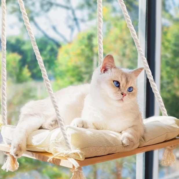 Wooden Cat Window Perch with Cushion, Suction Cup Hanging Hammock for Indoor Cats, Space-Saving Sunbathing Bed