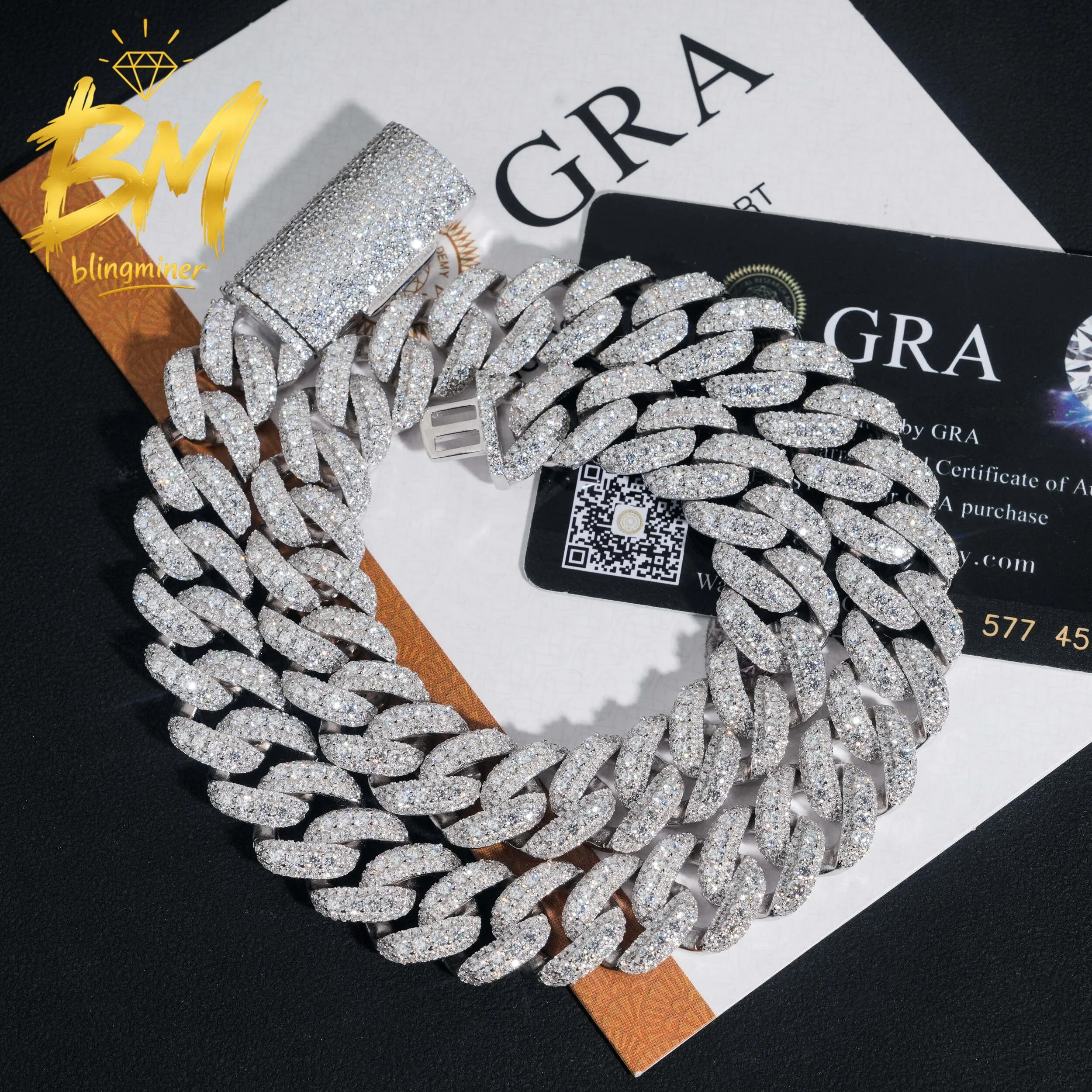 Blingminer 15MM Iced Out S925 Silver VVS Moissanite Cuban Link Chain Necklaces For Men Jewelry Pass Diamonds Tester With GRA