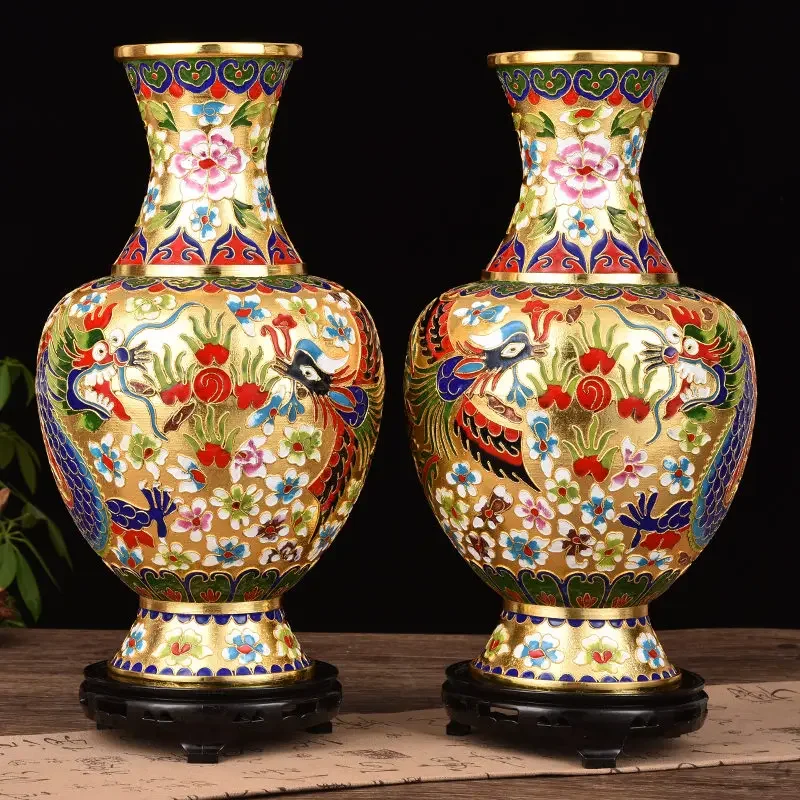Pair of Antique Beijing Cloisonné Vases - Handmade Bronze Filigree Enamel Floral Decor Vintage Chinese PorcelainLookHomeGiftSet