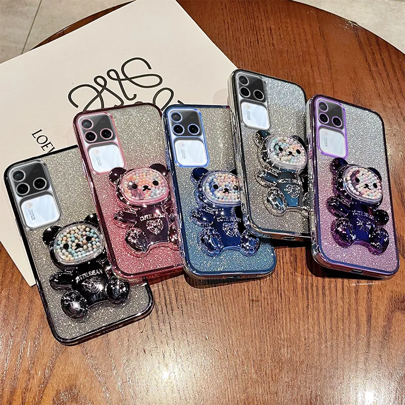 For VIVO V30 Pro Case Soft Silicone Bling Shockproof Electroplated TPU Cell Phone Casing For V2319 Back Cover Cute Bear Stand