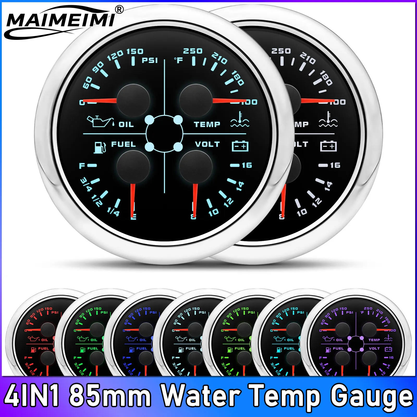 7 Color Backlight 85MM 4in 1 Water Temp Meter Fuel Level + Volt + Oil Press For Marine Boat Car Multifunction Gauge with Alarm