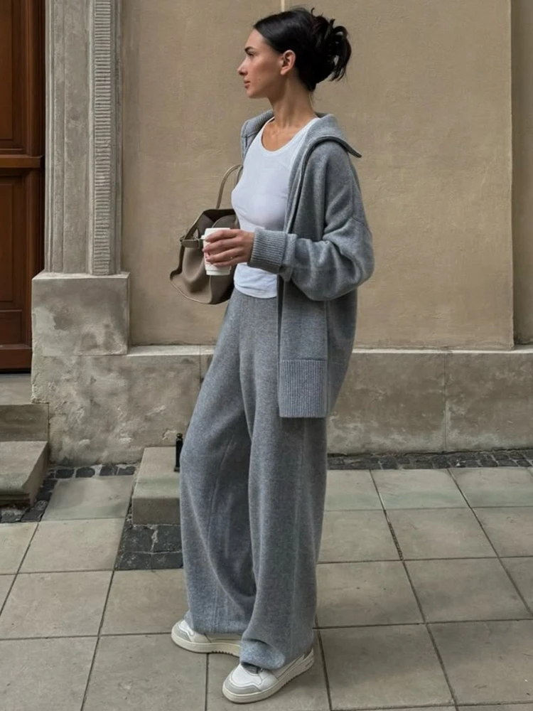 Tossy Casual Knitwear Sweater 2 Piece-Set Leg Trousers Women Solid Loose Zipper Cardigan And Wide-Leg Pants Knitwear Pant Sets