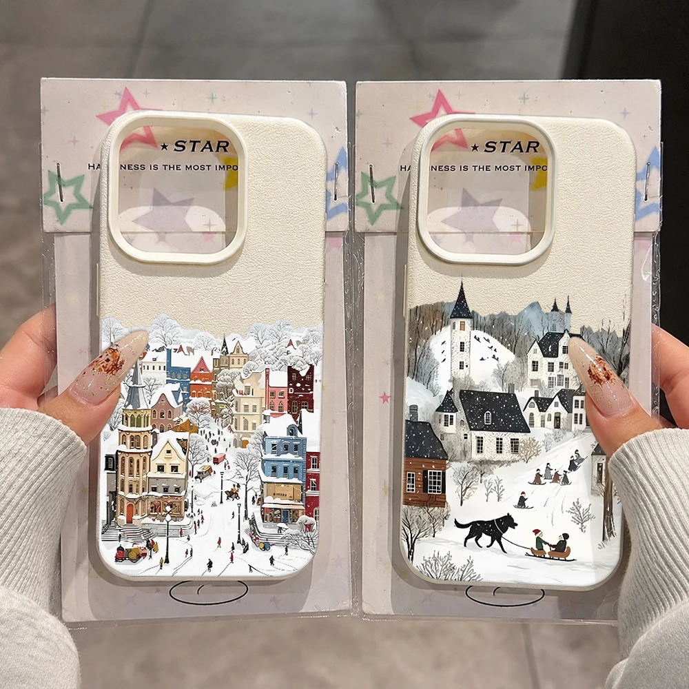 Snow Village Rugged Leather Case For Iphone 18 Pro Max 15 14 13 12 11 17 16 Plus Air Anti Shock Protection Cover