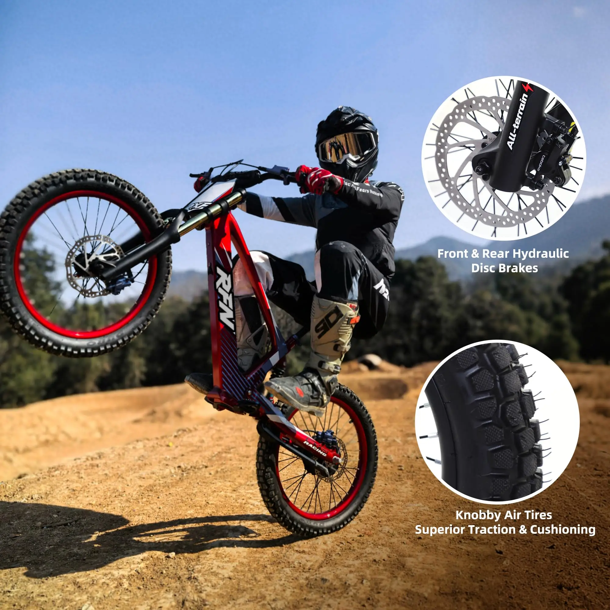 RFN Racing 18 elektrische crossmotor voor kinderen - 36V 3-speed stunt-springfiets - lichtgewicht aluminium frame elektrische fiets voor leeftijd 14+