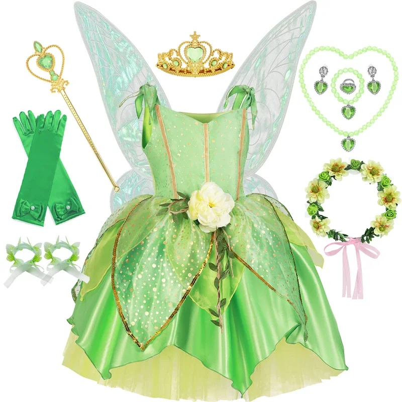 Disney Girls Tinker Bell Costume Halloween Costume for Kids Green Tinkerbell Fancy Dress Fairy Princess Cosplay Carnival Party