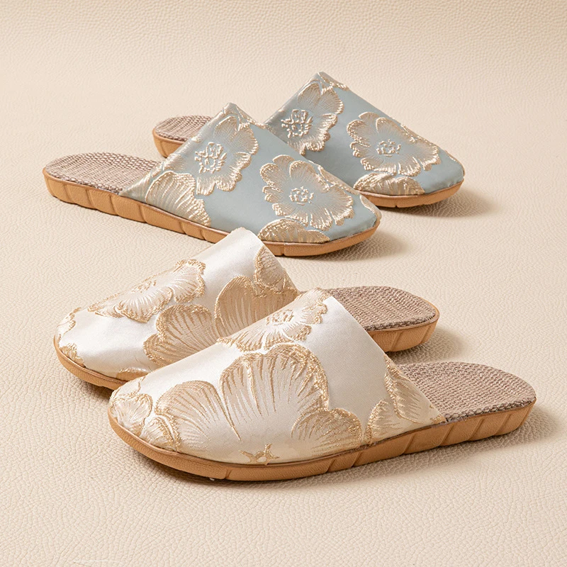 Silk Mule Slippers Women Home Elegant Floral Linen Summer Shoes Ladies Silent Indoor Slides Unisex Couple Lightweight Anti-Slip