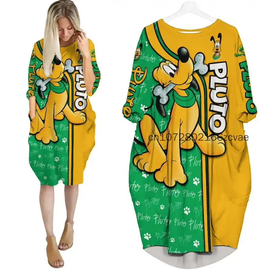 

New Disney Pluto Women's Batwing Pocket Dress 3D Printed Disney Stitch Oversize Fashion Street Dress Long Sleeve Sleeping Dress