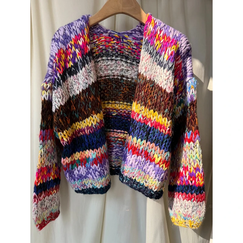 Multi-color Handmade Cropped Chunky Knit Cardigan Colorful Oversized Sweater Outfit Boho Cottagecore Knitwear Dressing Fashion