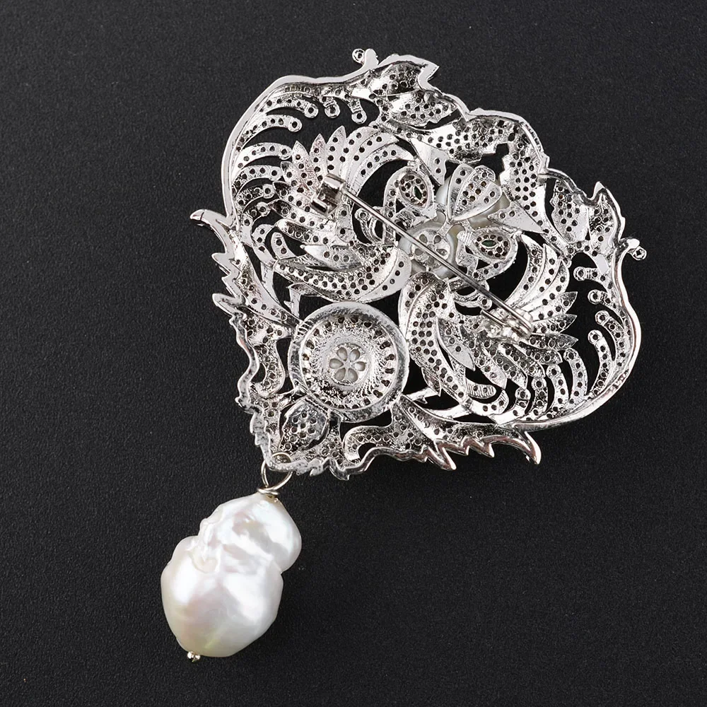 Silver Color CZ micro pave Double phoenix charm White Keshi Pearl Brooch
