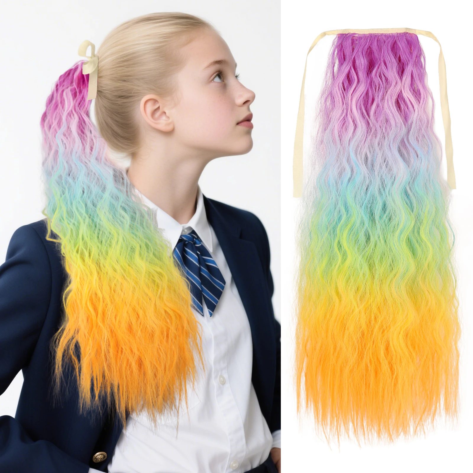 

Ombre Corn Wave Ponytail Extension Wrap Around Pony Tail Синтетический зажим на вьющихся волнистых хвостиках Радужный шиньон для женщин и девочек