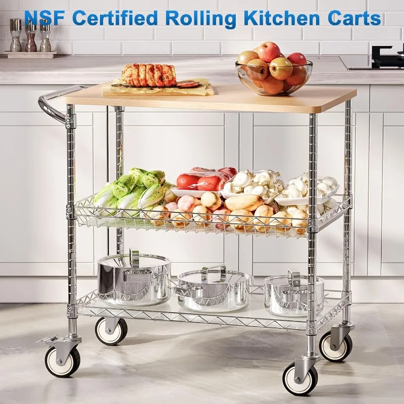 

34" Lx17.5" W, 3-Tier Heavy Duty Utility Cart with Wood Tabletop, NSF Commercial Metal Serving Cart with Handle and Shelf Liner