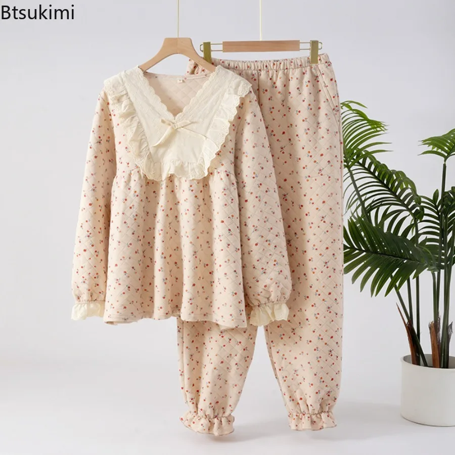 

Sleepwear Women's Autumn and Winter Pajamas Long-Sleeved Trousers Two Piece Set 100% Cotton Flower Print Homewear Ladies Pajamas