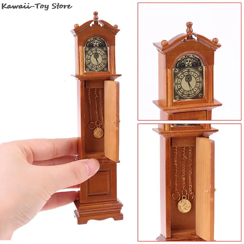 Miniaturowy domek dla lalek 1/12 domek dla lalek miniaturowy zegar dziadka drewniany Mini Model akcesoria meblowe śliczne dla dzieci