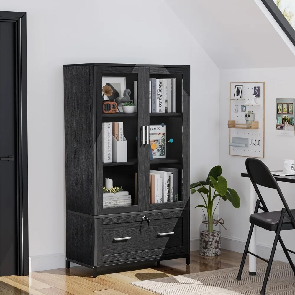 

Lateral File Cabinet with Glass Doors & Locking Drawer for Hanging Files, Adjustable Shelf Bookcase for Home Office Storage