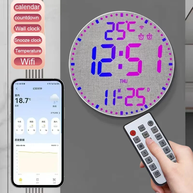 Smart Wifi Colorful LED Large Digital Wall Clock Temperature Date Week Display Dual Alarms Digital Clock 12/24h HomeDecor Remote