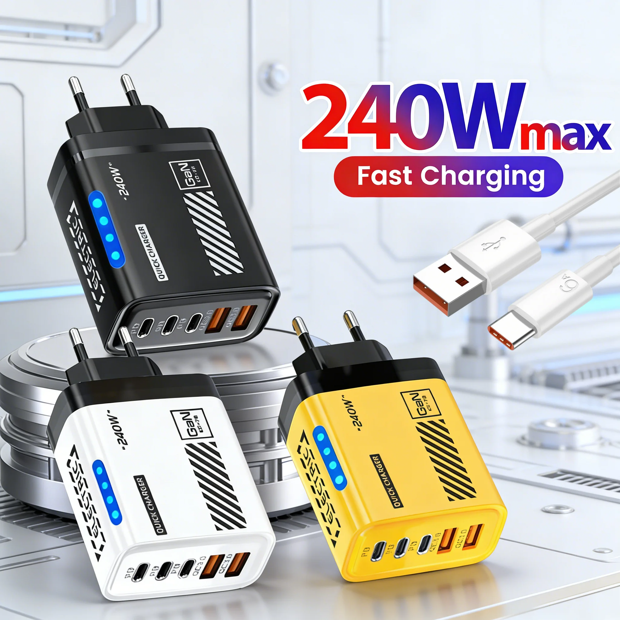 Cargador USB tipo C GaN de 240W, cargador rápido PD 3,0, adaptador de pared, enchufe de carga EU/US para iPhone, Xiaomi, Samsung, Huawei
