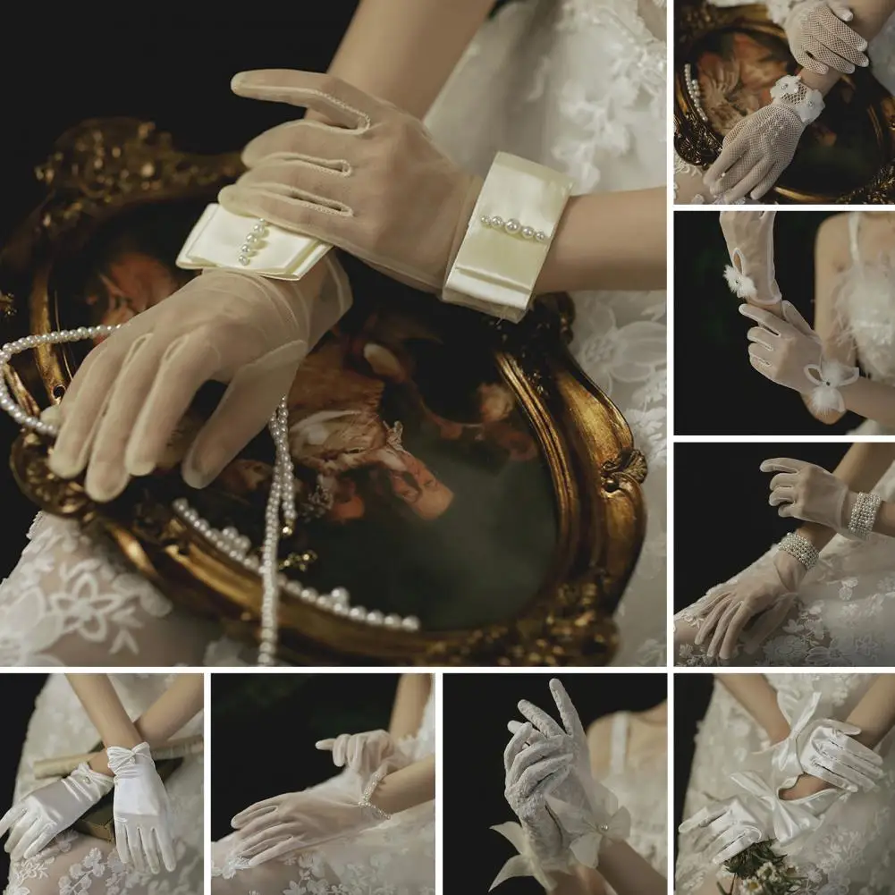 

Винтажные прозрачные свадебные перчатки, белые перчатки для невесты, сетчатые перчатки с бантом и жемчугом, короткие кружевные перчатки, свадебные аксессуары