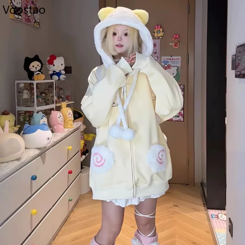 اليابانية Kawaii الكرتون التطريز لوليتا هوديس المرأة لطيف جيب فضفاض قمصان سويت شيرت بقلنسوة Y2k الجمالية عادية الجرونج هودي
