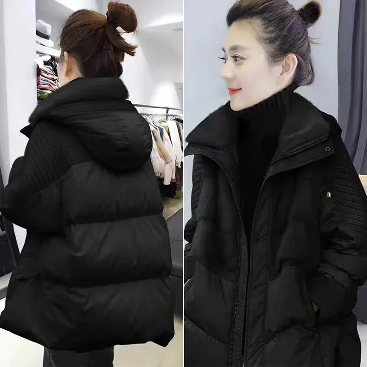 Winter Hooded Parker Female Loose Down Jacket Women 2024 Knitting Patchwork Warm Coat Women Cotton Padded Jacket Outerwear