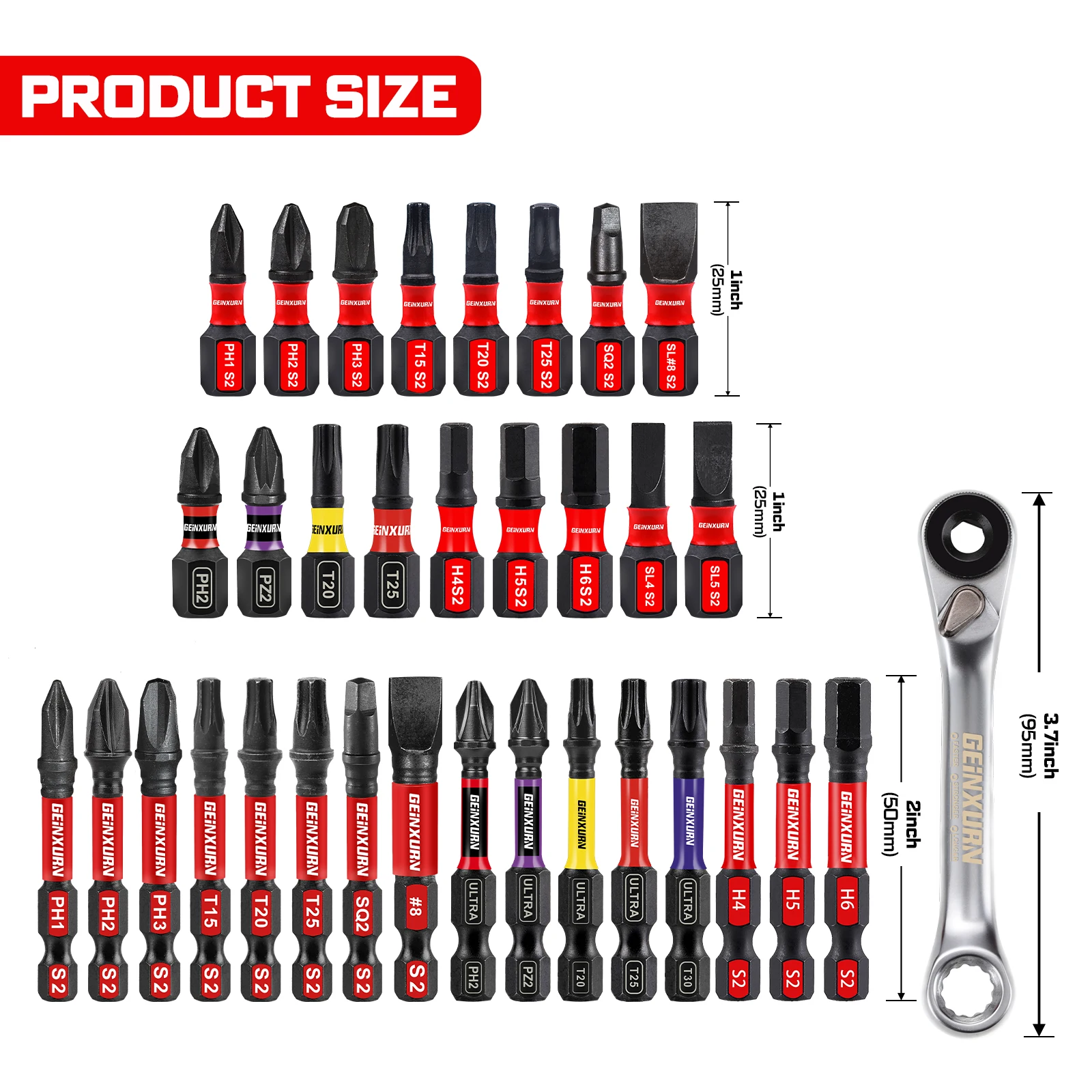Geinxurn Mini Wrench with Impact Bits Set, Color-Coded Impact Bits Set, Double-Ended, for DIY