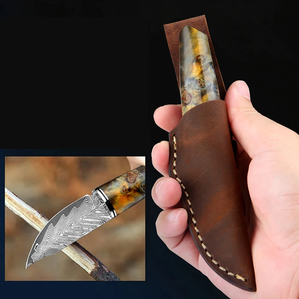 XITUO Fixed Blade Hunting Knife Fruit Knife Damascus Steel Blade Stable Wooden Handle with Leather Sheath for Outdoor Camping view 5