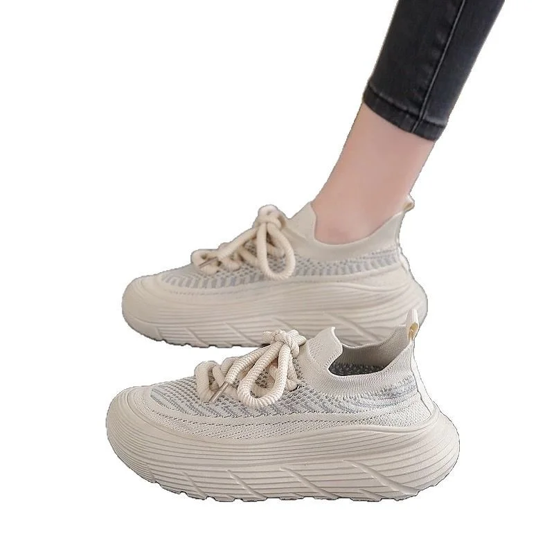 Summer Breathable Mesh Knit Sock Sneakers Women Wave Thick Platform Height Increasing Lightweight Casual Walking Sport Trainers
