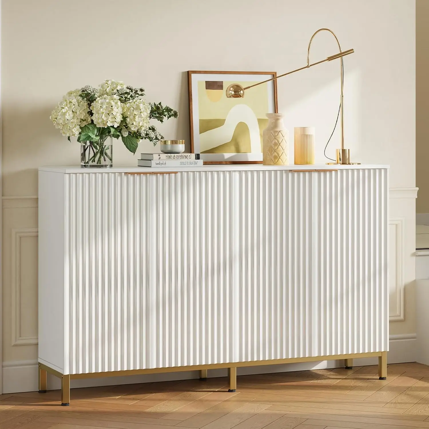 Fluted Sideboard Cabinet With Power Outlet, 55 Inch 4 Door Storage With Adjustable Shelves For Kitchen, White, Customized