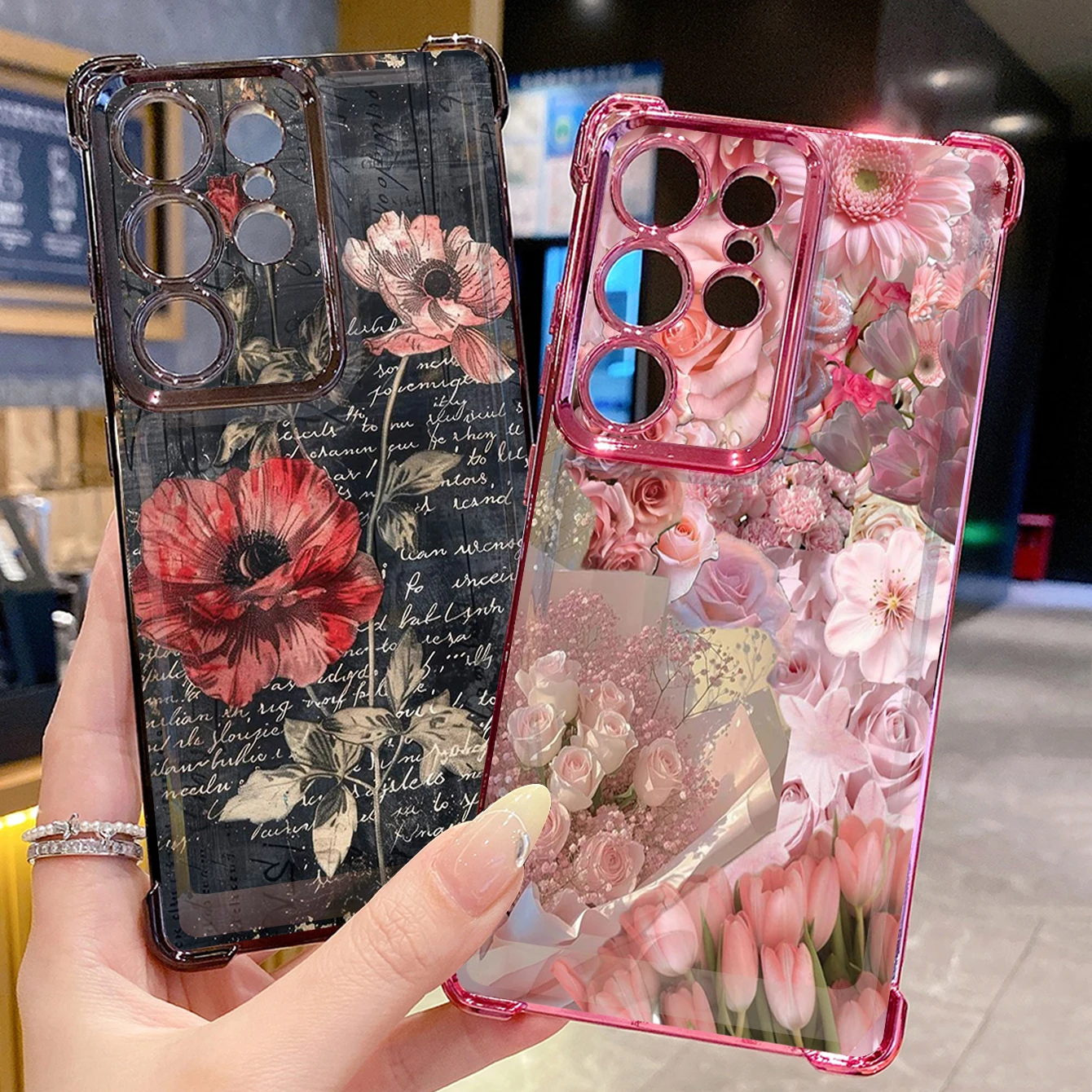Compatiable with Samsung Galaxy S25 S24 S23 Ultra S22 Plus S21 FE S20 Vintage Tulip Flower Clear Plating Case Anti Drop Cover
