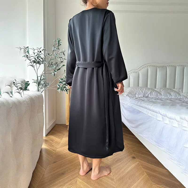 Female Twinset Robe Set Sexy Black Long Kimono Bathrobe Gowm Spring Summer Silk Satin Sleepwear Nightdress Loose Casual Homewear