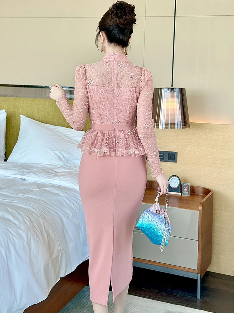 가짜 투피스 여성 프렌치 핑크 레이스 로브 시스루 러플 슬림핏 미디 드레스 우아한 오피스 정장 파티 프롬 데일리웨어 베스티도스