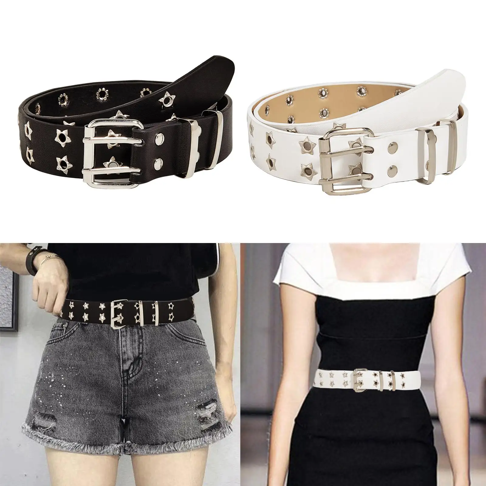 Fashion Women Leather Belt Double Grommet Belt Metal Buckle Gothic Punk Belt