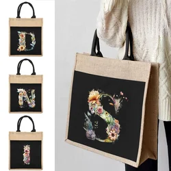 Large Capacity Shopping Bag Ladies Tote Linen Tote Bag Reusable Floral Letter Pattern Supermarket Grocery Storage Bag