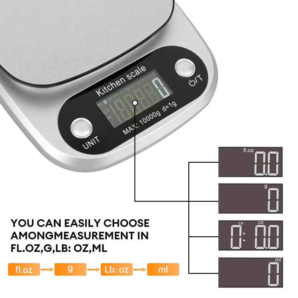 Electronic Kitchen Scale 10kg/1g High Precision Food Scale for Cooking Baking Digital Measuring Weighing Scale Battery Powered