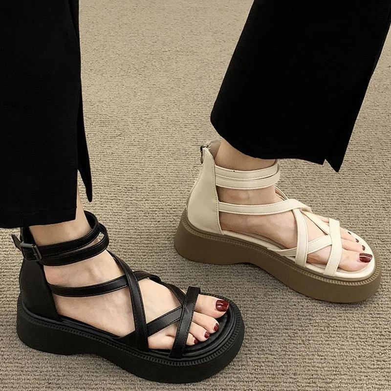 2023 Roman Shoes for Women Ankle-wrap Women\'s Sandals Summer Casual Sandals Women Narrow Band Zip Platform Peep Toe Shoes Female