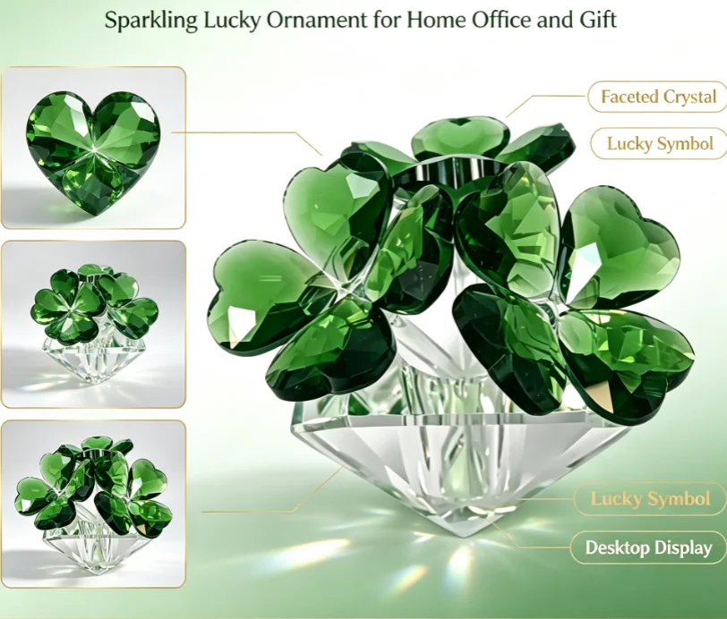 Crystal Lucky Four-leaf Clover Creative Ornament 6 Cm Long, 5 Cm Wide, 8 Cm High, High-end Four-leaf Clover Ornament
