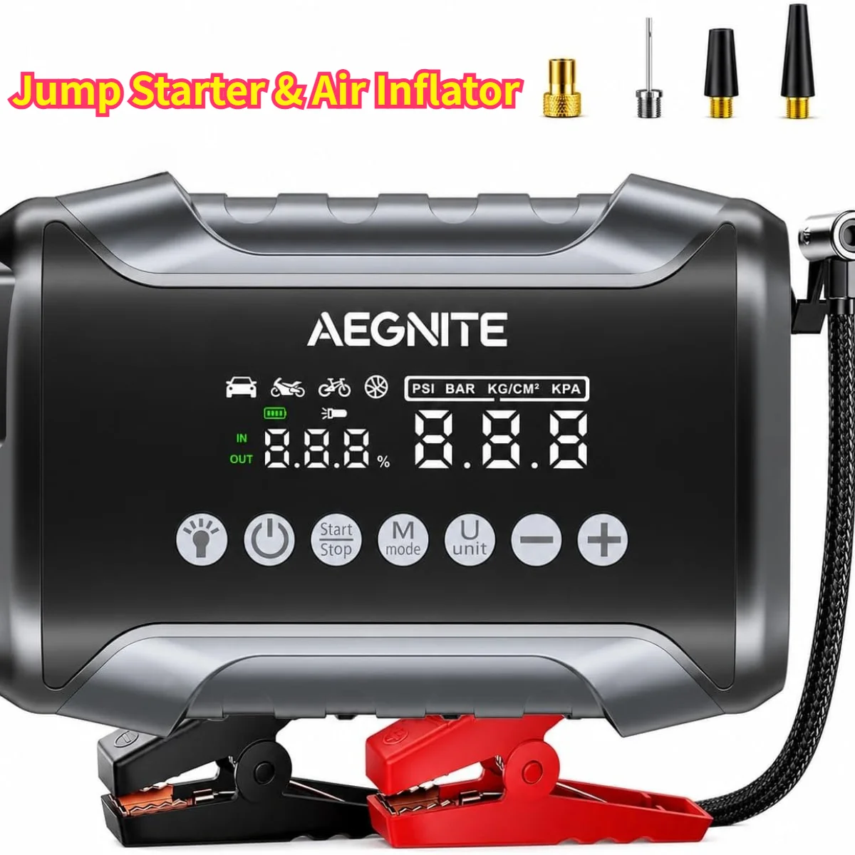 5000A Peak Jump Starter 12V with 150PSI Air Pump, 7-in-1 Car Emergency Power Pack with LED Light Fit 9.0L Gas / 6.5L Diesel Car