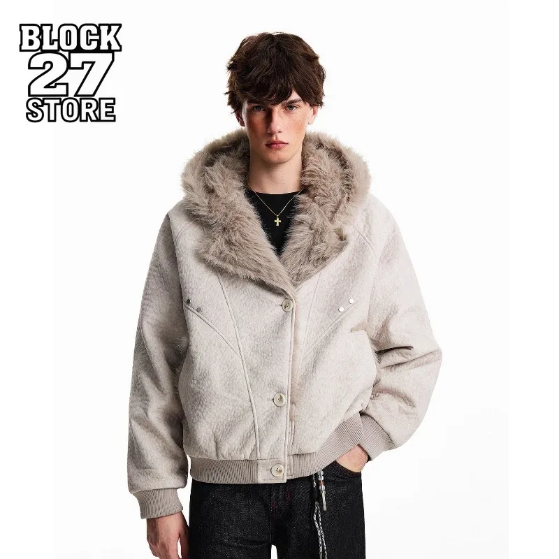 Herren Jacke Harajuku Winter Fleece Gefüttert Pelz Kragen Mit Kapuze Baumwolle Mantel Dicke Warme Lose Fit High-End Casual Streetwear Fashion