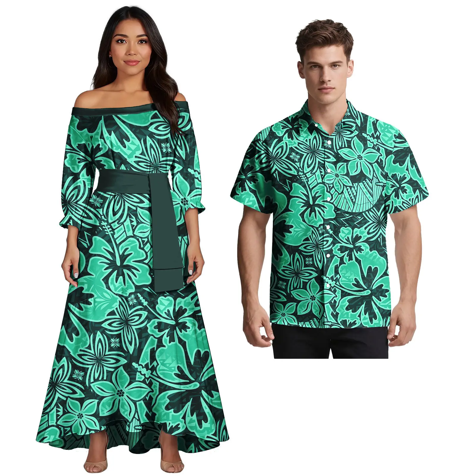 Prom Couple Suits Women Slim Sexy Dress Polynesian Pattern Matching Short Sleeve Men's Hawaii Shirt Plus Size Wholesale