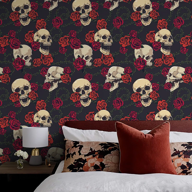 Rose Skull Halloween PVC Wallpaper Peel And Stick Black Red Waterproof Wallpaper Festival Viny Furniture Sticker For Living Room